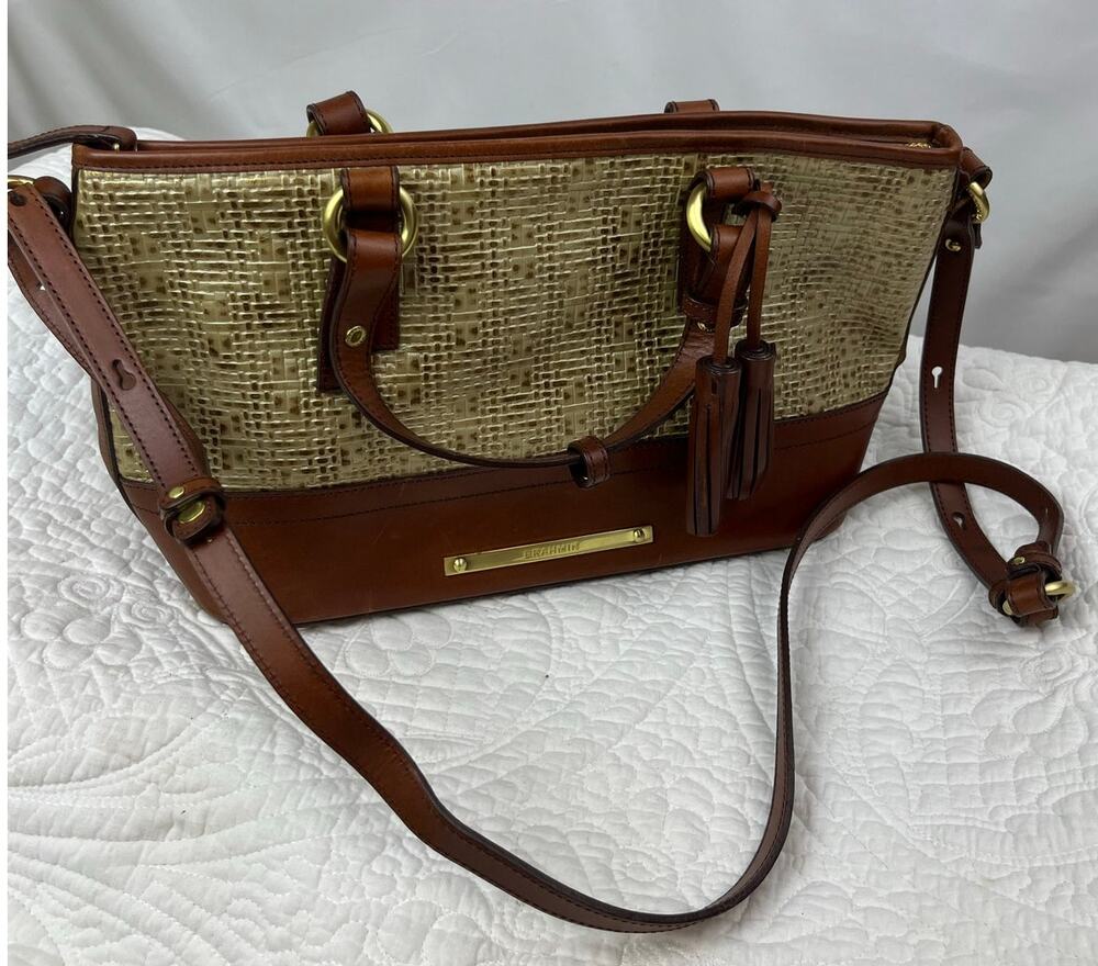 Brahmin Women's Gold/Brown Leather Zip Top Adjustable Shoulder Bag Purse